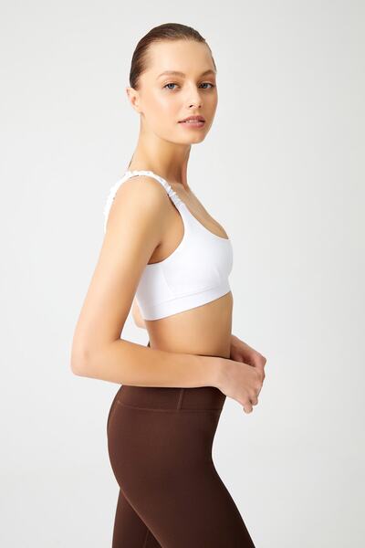 Los Ojos Ruched White Lightly Supported Drawstring Strap Detailed Covered Sports Bra