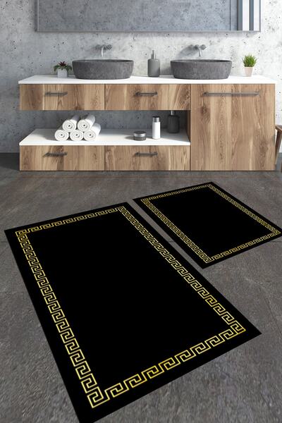 Talia Home Simli Gold Çerçeveli 2'li Büyük Boy Banyo Paspas Seti