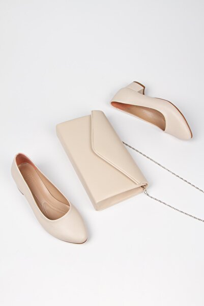 Lukatlove Women's Beige Leather Stiletto and Beige Leather Bag Combination