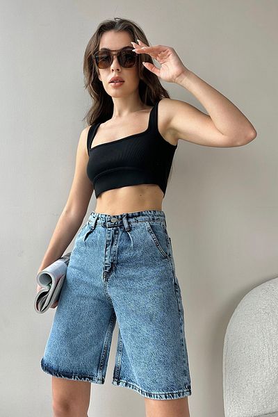 Trend Alaçatı Stili Pantaloni scurți din denim Bermude cu talie înaltă albastru închis pentru femei ALC-X8174