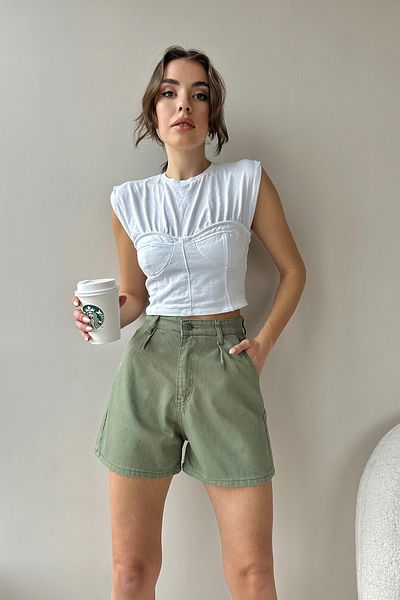 Trend Alaçatı Stili Pantaloni scurți de jeans, verzi, cu talie înaltă, plisați cu patru buzunare ALC-X9963