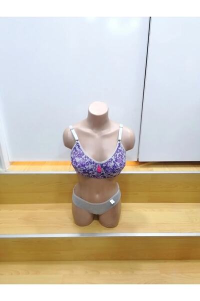 NUR TEKSTİL Kadın Gri Lila Pembe Desenli Içi Süngerli Pamuklu Penye Dikişli T...