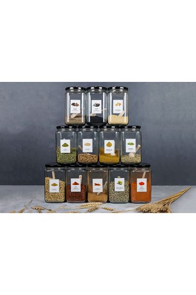 Karçiçeği Home 12-Piece Glass Spice Jar with Metal Lid, Spoon and Label 850 ml