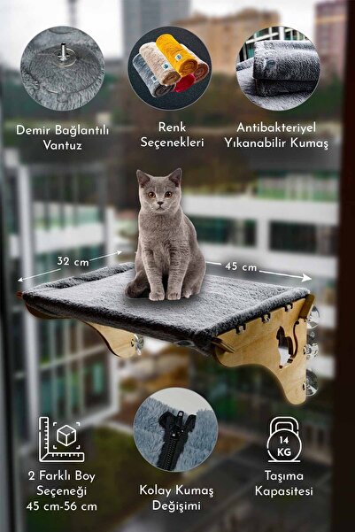 Urz Store Cama Asılan Vantuzlu Kedi Yatağı Gri Rengi Yıkanabilir 5 Renk 2 Boy...