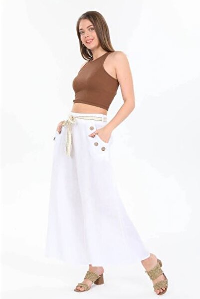 AYASOFYA OTANTIK Жіночі італійські білі штани з деталями на поясі, широкими штанинами та ременем