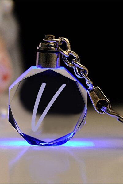 MERTKRİSTAL Breloc cu litera V cu litere și sticlă gravată