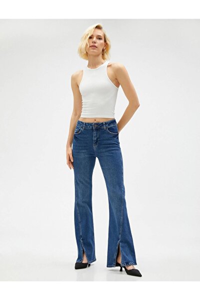 Koton Dámské džínové kalhoty 3sal40194md Flare vpředu s detailním výstřihem a rozparkem Tmavá Indigo