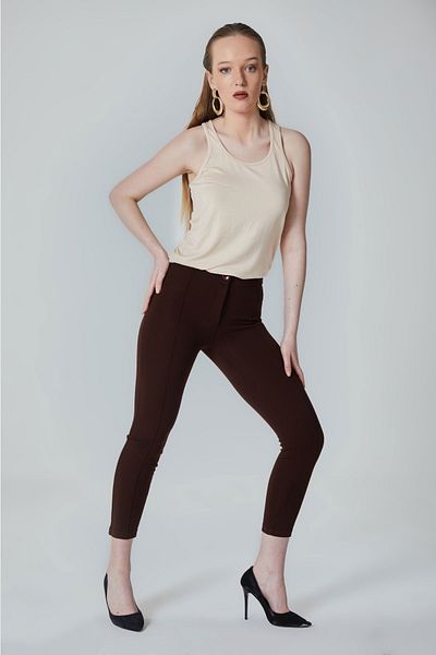 HAKKE Women's Brown High Waist Comfortable Skinny Leg Çimalı Fabric Trousers 1702çimalı