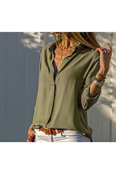 twomeey Γυναικείο πουκάμισο χακί, από υφαντό ύφασμα βισκόζης