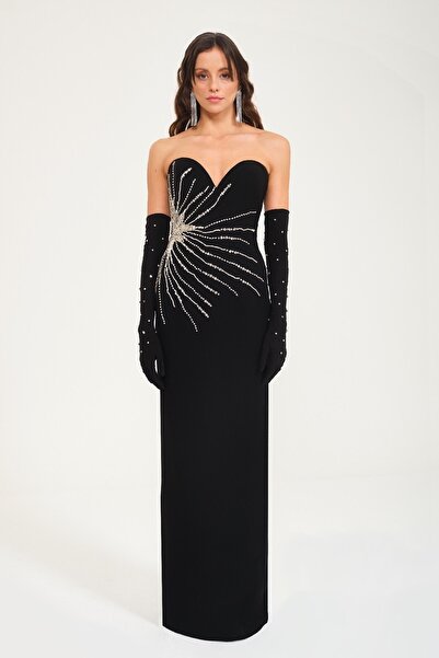 TARA COŞKUNTUNCEL Siyah El Işleme Detay Taşlı Straplez Korse Uzun Abiye Elbise