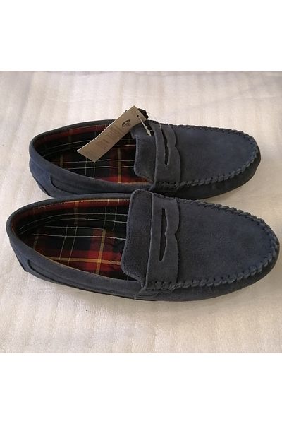 Butik Tülin Unisex Genuine Leather Suede Navy Blue Banded Hand Stitched Very Soft Thin Flexible Stitched Rubber Sole Loafer