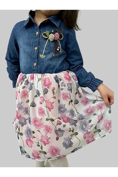 Esterella Girls Chiffon Dress/ Denim Shirt Dress/ Denim Chiffon Kids Dress