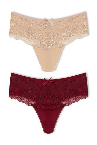 HNX 2-Piece Cotton Lace Front High Waist Large Size Thong Women's Panties