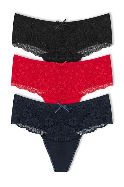 HNX 3-Piece Cotton Lace Front High Waist Large Size Thong Women's Panties