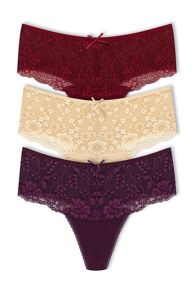 HNX 3-Piece Cotton Lace Front High Waist Large Size Thong Women's Panties
