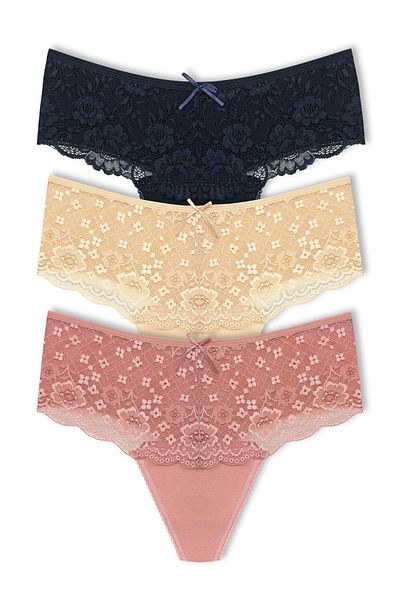 HNX 3-Piece Cotton Lace Front High Waist Large Size Thong Women's Panties