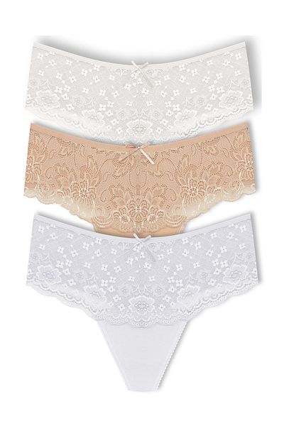 HNX 3-Piece Cotton Lace Front High Waist Large Size Thong Women's Panties