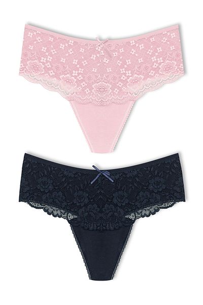 HNX 2-Piece Cotton Lace Front High Waist Large Size Thong Women's Panties