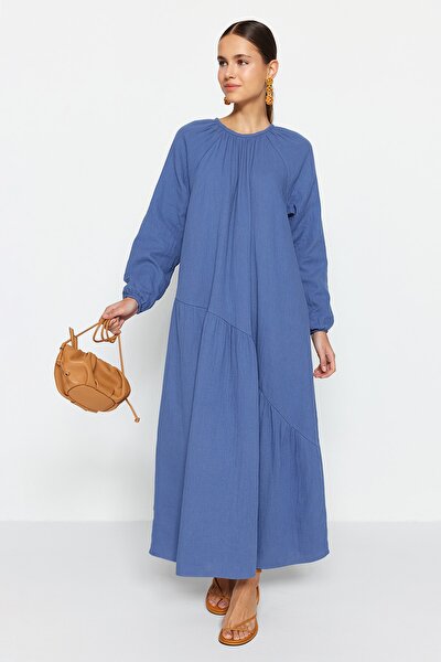 Trendyol Modest Rochie țesută, căptușită, cu detaliu Indigo Gather, 100% bumbac, muselină, cu potrivire largă TCTSS23EB00285