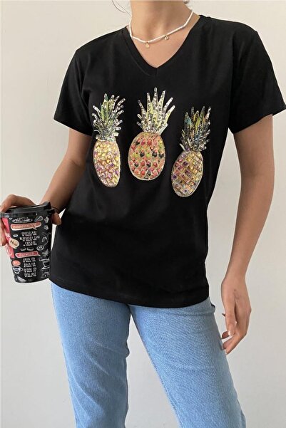 FEMELLE Women's V-Neck Pineapple Sequin Embroidered 100% Cotton T-Shirt