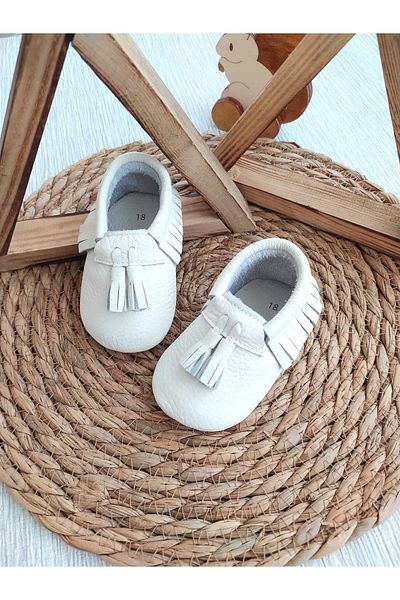 MİNİBİRİ King Model White Color Baby Moccasin Booties Baby Shoes