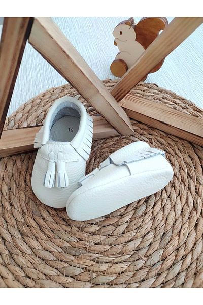MİNİBİRİ King Model White Color Baby Moccasin Booties Baby Shoes