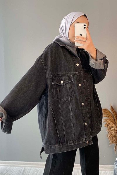 lamelif Μαύρο Oversize Τζιν Μπουφάν - Διπλή Τσέπη