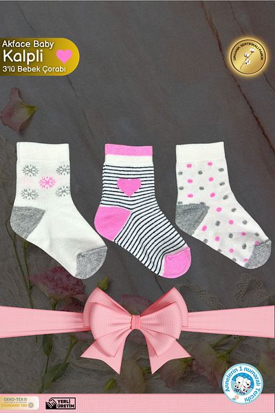 Akface Heart and Polka Dot Patterned Pink Cotton Newborn Baby Socks, Pack of 3