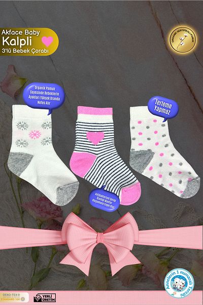 Akface Heart and Polka Dot Patterned Pink Cotton Newborn Baby Socks, Pack of 3