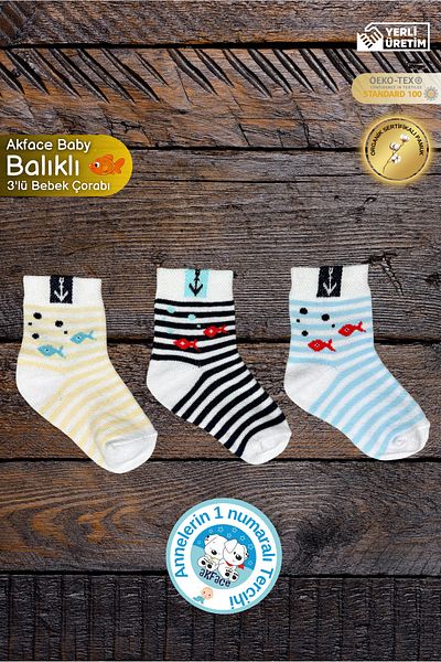Akface Fish Patterned Yellow Cotton Newborn Baby Socks, Pack of 3
