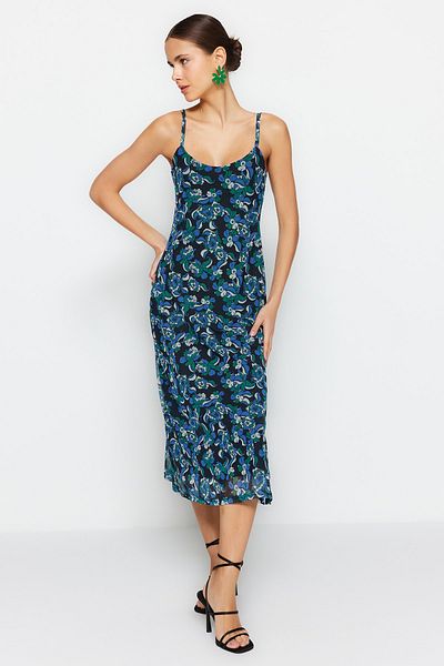 Trendyol Collection Rochie midi albastră cu model floral, căptușită, cu bretele din tul, TWOSS23EL01453