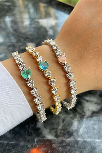 Aqua Taşlı Kalpli Su Yolu Gümüş Bileklik