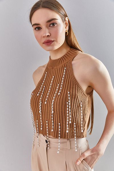 Bianco Lucci Dámská pletená halenka s vyšívaným kamenem