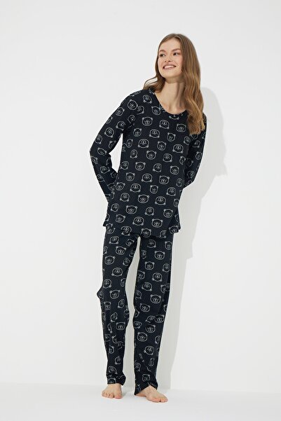 Siyah İnci Siyah Ayıcık Desenli Pamuklu Pijama Takımı