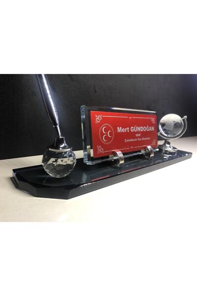 Gündoğan Kristal Masa Üstü Cam İsimlik Kalem Ve Dünya Aksesuarlı Füme Hediye ...