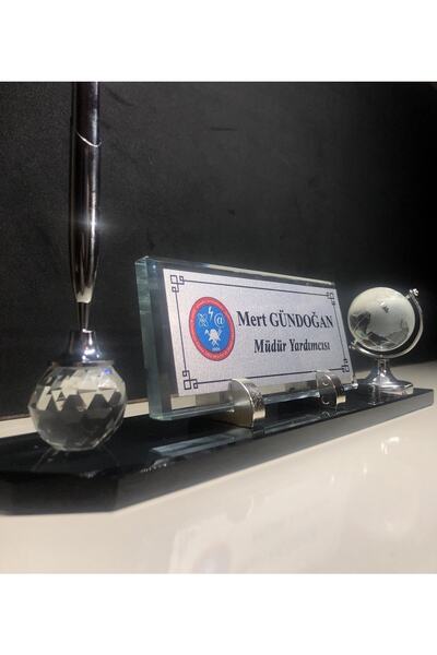 Gündoğan Kristal Masa Üstü Cam Isimlik Kalem Ve Dünya Aksesuarlı Füme Hediye ...
