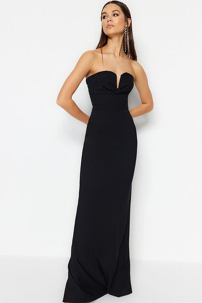 Trendyol Collection Rochie de seară lungă, tricotată, strălucitoare, cu căptușeală neagră TPRSS23AE00166