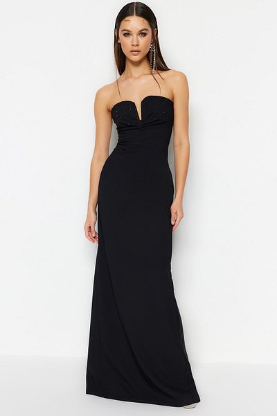 Trendyol Collection Rochie de seară lungă, tricotată, strălucitoare, cu căptușeală neagră TPRSS23AE00166