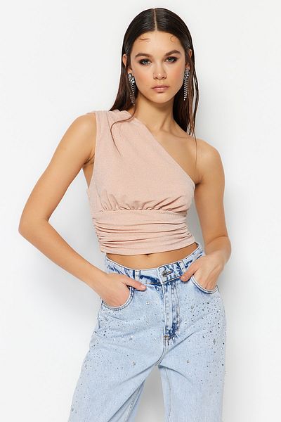Trendyol Collection Glitzerndes, hellbeiges Strick-Crop-Bustier - TPRSS23BS00011