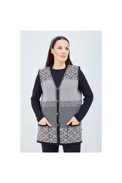 Fresh&Moda Women's Black and White Patterned Knitwear Buttoned Pocket Winter Mother Vest