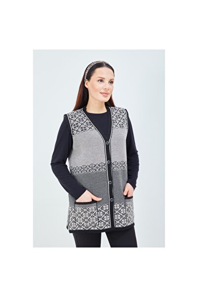 Fresh&Moda Kadın Siyah Beyaz Desenli Triko Düğmeli Cepli Kışlık Anne Yeleği