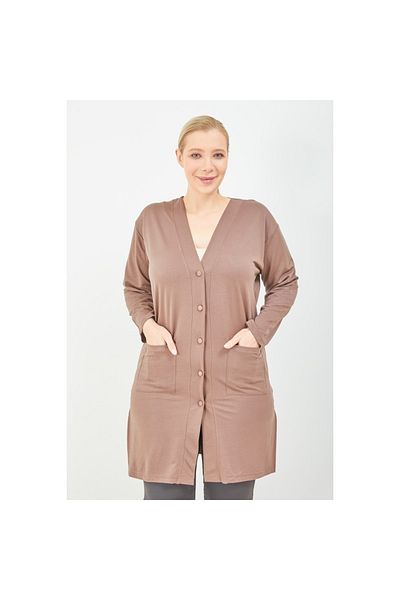 Fresh&Moda Cardigan de damă din bumbac pieptănat lung, cu nasturi, cu buzunare