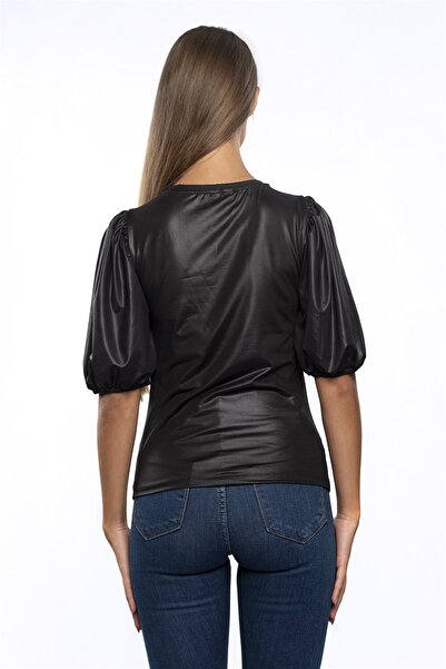 Miss Murem Watermelon Sleeve Leather Blouse-black