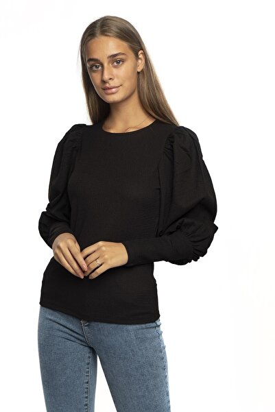 Miss Murem Balloon Sleeve Wrap Blouse-black