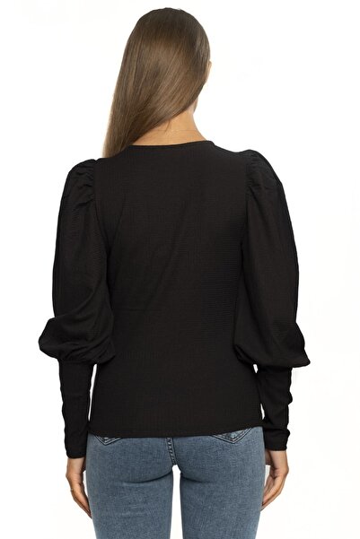 Miss Murem Balloon Sleeve Wrap Blouse-black