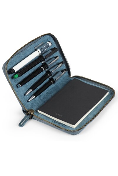 LONDO Hakiki Deri Kalem Yuvalı Fermuarlı Defterlik - Mavi