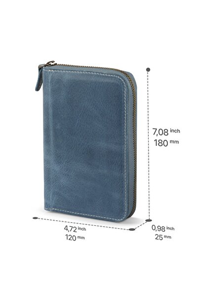 LONDO Hakiki Deri Kalem Yuvalı Fermuarlı Defterlik - Mavi
