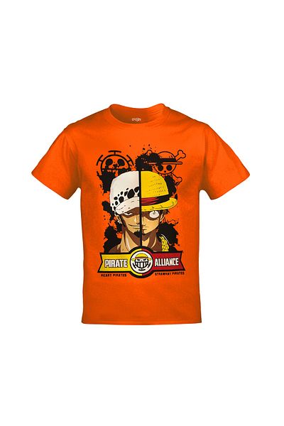 Orijin Tekstil One Piece Pirate Alliance Heart Pirates Strawhat Pirates Front Back Printed Unisex Orange T-shirt