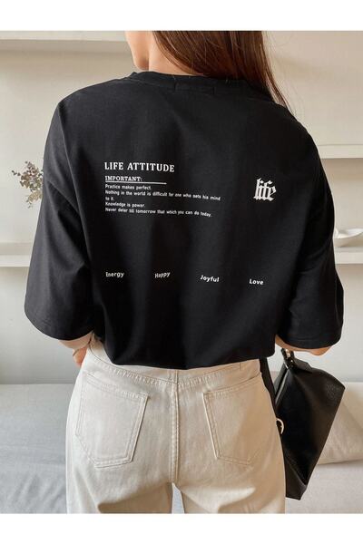 Benisengiydir Women's Black Life Attıtucle Printed Oversize Crew Neck Tshirt