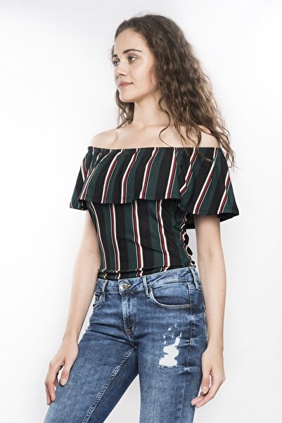 Miss Murem Boat Neck Frilly Striped Bodysuit-green